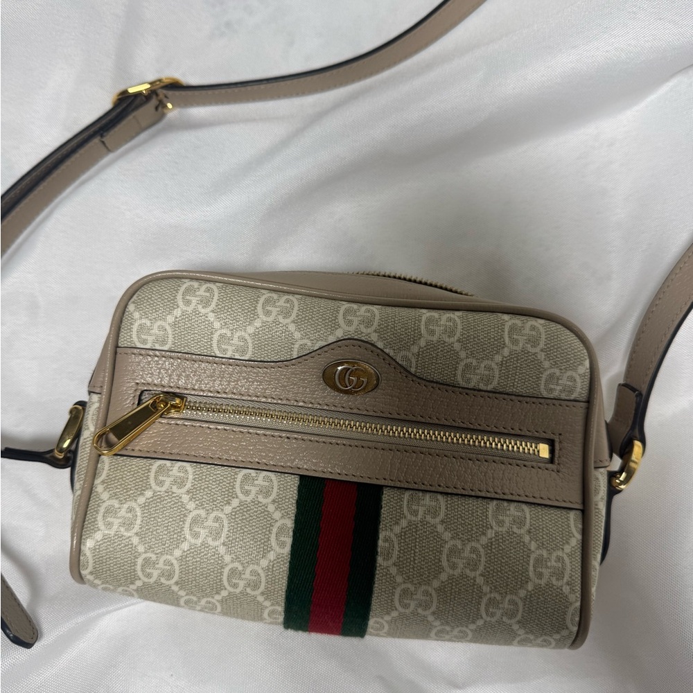Gucci Beige and Tan Crossbody Bag with Signature Stripe